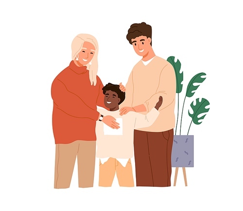 Happy adopted kid son in foster family with mother and father. Boy and parents of different race. Wife, husband and adoptive black child. Flat vector illustration isolated on white .