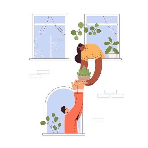 Good neighborhood concept. Neighbors help, woman sharing potted house plant, giving to man from open window. Neighbours friendship. Flat graphic vector illustration isolated on white .