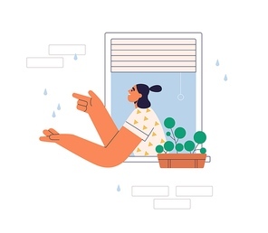 woman enjoying summer rain, looking outside open window at home. girl happy with warm rainy weather outdoors, stretching hands to raindrops. flat vector illustration isolated on white .