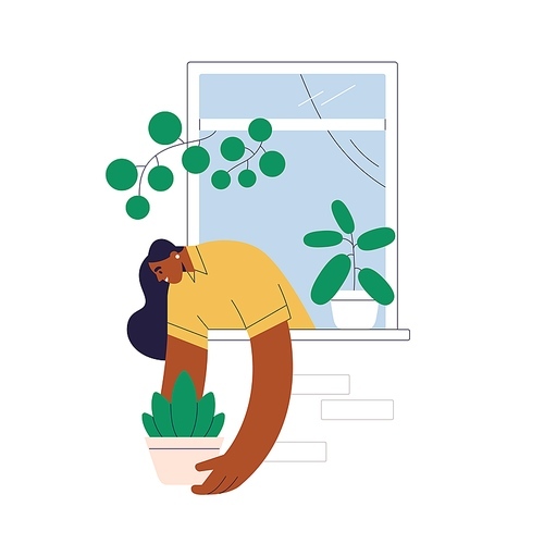happy woman in open window decorating house wall from outside. person with potted home plant in hands. female with houseplant for urban jungle. flat vector illustration isolated on white .