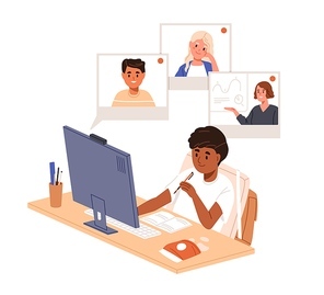 School child studying at online lesson via internet, sitting at computer at home. Boy at desk during video call with class and teacher. Flat graphic vector illustration isolated on white .