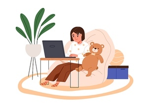 Kid sitting with laptop at home. Happy child studying online at computer. Elementary school girl in beanbag chair using internet, learning. Flat vector illustration isolated on white background.