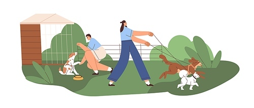 People at canine shelter, walking, training and feeding dogs. Pet sitters, walkers with doggies. Volunteers care about puppies, animals on yard outdoors. Flat vector illustration isolated on white.