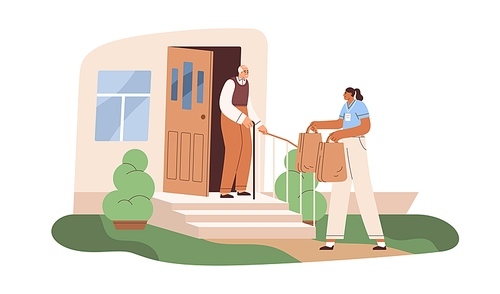Volunteer helping senior person with groceries. Social worker donating food to old man, delivering it to home. Charity and support. Flat graphic vector illustration isolated on white .