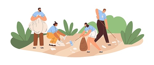 People collecting litter, garbage into trash bags. Eco volunteers raking, picking up plastic waste, cleaning environment, nature from rubbish. Flat vector illustration isolated on white .