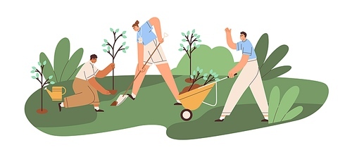 Eco-volunteers planting trees in park. Group of people care about environment, grow saplings in spring. Men and woman at voluntary work in nature. Flat vector illustration isolated on white .