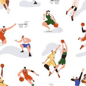 Basketball players pattern with athletes playing basket ball game. Seamless background with sport people . Repeating texture with men, women dribbling, throwing. Colored flat vector illustration.