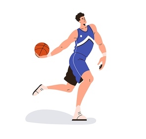 Basketball player playing sports game, running with orange ball in hand, passing, throwing it. Strong man athlete, sportsman training in uniform. Flat vector illustration isolated on white .