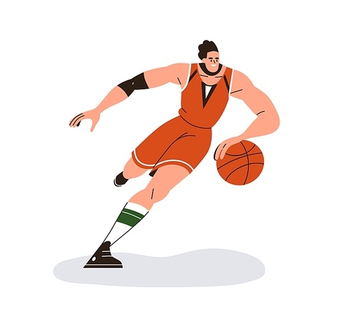 Athlete playing basketball, running, dribbling orange ball with hand. Happy man player rushing at sport game. Active sportsman moving, acting. Flat vector illustration isolated on white .