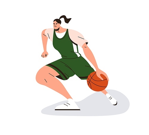 Woman sports player playing basketball. Female athlete pivoting with ball. Girl at athletic game, training. Sportswoman in uniform moving. Flat vector illustration isolated on white .