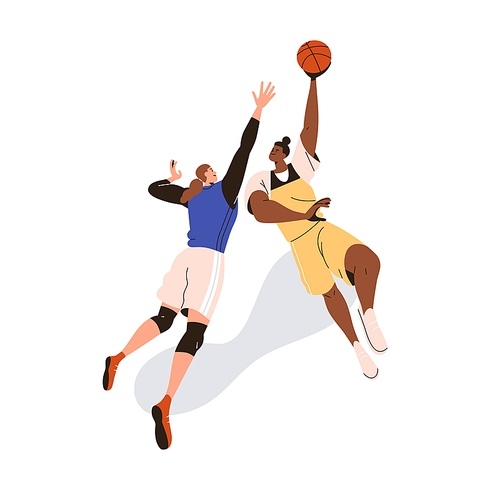 Woman athletes play basketball. Players competitors rivals fighting for ball, jumping up at sports tournament, international competition. Flat graphic vector illustration isolated on white .