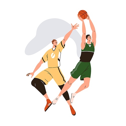 Athletes play basketball. Players competitors rivals in movement, jumping up, throwing, shooting ball at sports tournament, competition. Flat graphic vector illustration isolated on white .