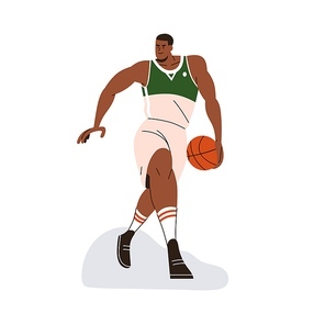 African-American athlete, basketball player going with ball in hand. Strong black man sportsman in uniform, shorts moving, playing sports game. Flat vector illustration isolated on white .