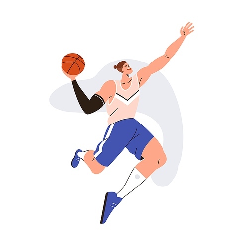 Basketball player with ball in hand, throwing it, jumping up. Strong man athlete in movement, action during shooting, playing sports game. Flat vector illustration isolated on white .