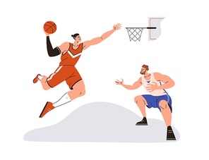 Basketball players competitors playing at tournament. Athlete jumping up, throwing, dunking ball into net basket, scoring goal in sports game. Flat vector illustration isolated on white .