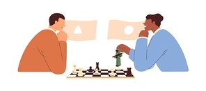 International conflict. Manipulation, influence, strategy in politics concept. Politicians enemies playing chess. Political opponents fighting. Flat vector illustration isolated on white .