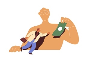 Money manipulation concept. Greedy employee slave aspiring, chasing for dollar. Employer boss manipulating, controlling with financial motivation. Flat vector illustration isolated on white .