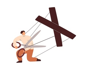 Person releasing, free from manipulation. Marionette cutting strings of authority control. Human puppet striving for freedom. Liberty concept. Flat vector illustration isolated on white .