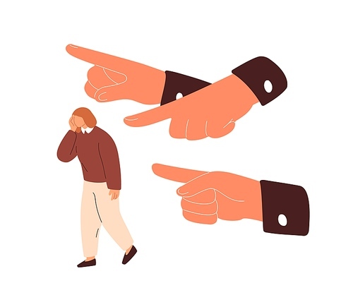 Hands pointing at victim, bullying and judging. Manipulation, condemnation, disgrace and control concept. Society shaming, blaming woman employee. Flat vector illustration isolated on white .
