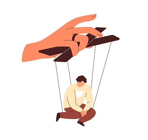 Manipulation, domination concept. Person puppet obeying to master, authority. Helpless marionette slave under control, pressure of power. Flat vector illustration isolated on white .