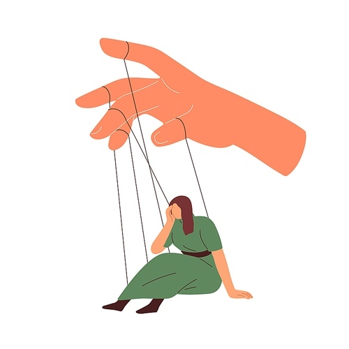 Manipulation, control, domination concept. Master manipulates, dominates obedient woman marionette. Person attached to strings and hand of abuser. Flat vector illustration isolated on white .