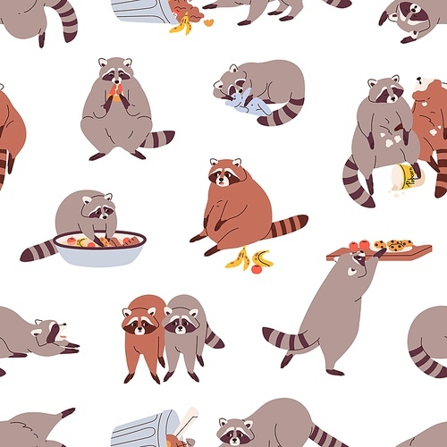 Cute raccoon pattern. Seamless background with funny baby animal eating, sleeping. Repeating  with lovely character.Colored flat vector illustration of endless texture for decoration, textile.