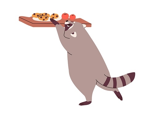 Cute raccoon stealing food, sneaking cookies. Funny racoon pulling biscuits off table, stretching to sweets. Adorable lovely wild animal. Flat vector illustration isolated on white .