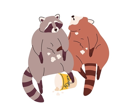 Cute  fat raccoons eating food. Funny racoons couple overeating with popcorn. Adorable amusing chunky full animals friends. Plump characters. Flat vector illustration isolated on white .