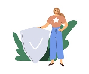 Person with shield and checkmark. Safety, insurance, security and defense concept. Protected insured woman. Safe data and guaranteed privacy. Flat vector illustration isolated on white .