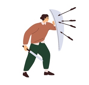 Business man protecting with shield from arrows attack. Person fighting with problems, handling risks. Protection, security concept. Flat graphic vector illustration isolated on white .