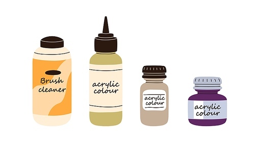 Acrylic paints, brush cleaner liquids in bottles. Painting colours in plastic packs. Different drawing dyes in packages, containers. Art supplies. Flat vector illustration isolated on white .