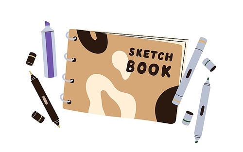Sketchbook with pencils, liners. Notebook, sketch book for drawing. Notepad for drawn paintings and art supplies. Artists note pad, album. Flat graphic vector illustration isolated on white .