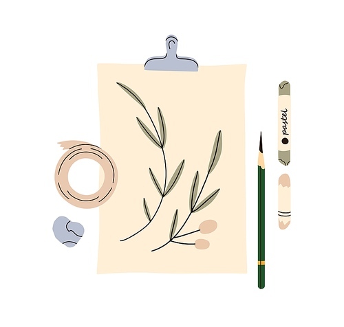 Botanical drawing on a4 album sheet on clamp. Paper with plant branch painting, pastel pencil, eraser composition. Hand drawn art, picture. Flat vector illustration isolated on white .