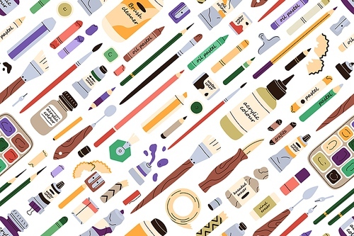 Art supplies pattern. Seamless background with paints, brushes, pencils. Repeating  with artists stationery for painting, painters accessories. Colored flat vector illustration for wrapping.