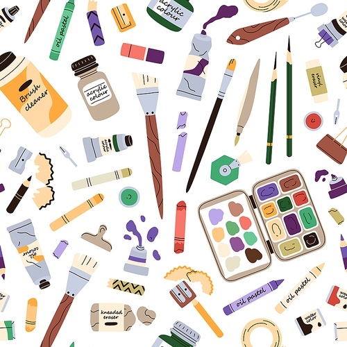 Art supplies pattern. Seamless background with painting accessories, items. Artists stationery repeating . Paints, brushes, pencils, painters stuff texture for wrapping. Flat vector illustration.