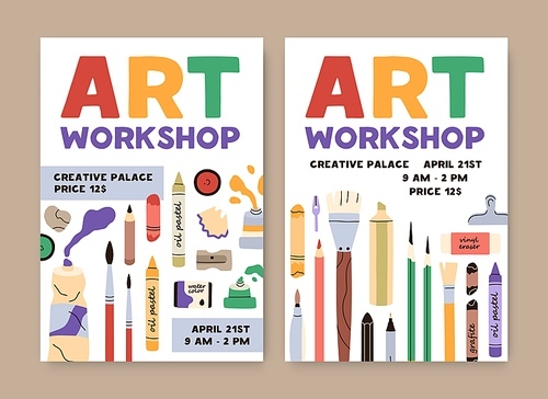Ad flyers for art class, workshop. Promo poster designs for painting school. Advertisement banner templates for creative artists event with painters stationery on background. Flat vector illustration.