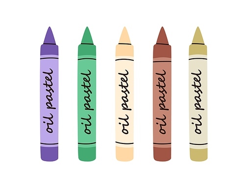 Oil pastel sticks of different colour. New sharp pigments for painting, drawing. Creamy paint pencils row. Art supplies, stationery. Flat vector illustration isolated on white .