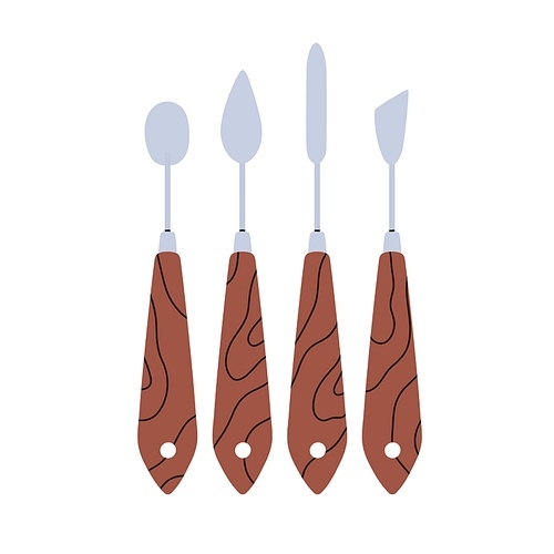 Painting knives, artists tools with metal steel blades and wood handle set. Art supplies of different shape for drawing, applying oil paint. Flat vector illustration isolated on white .