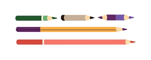 Coloured pencils with sharp tips. Colored colouring leads, used and new, long and short. Sharpened sticks for drawing, painting. Flat vector illustrations isolated on white .