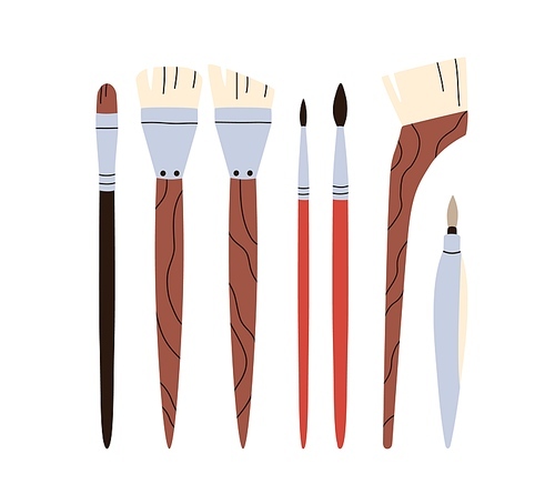 Paintbrushes set. Different paint brushes types. Thin and thick painting tools for drawing, wash, angled, liner art supplies of various shape. Flat vector illustration isolated on white .