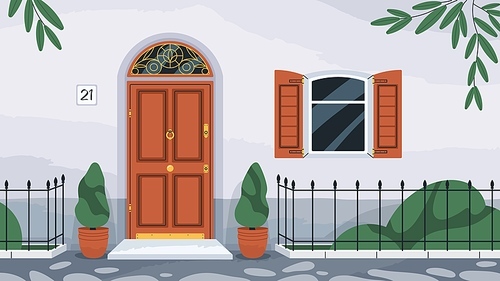 Front wooden door with knocker. Home exterior with arch doorway, porch, window with shutters, potted plants and fence. Dwelling house facade in retro style. Flat vector illustration.