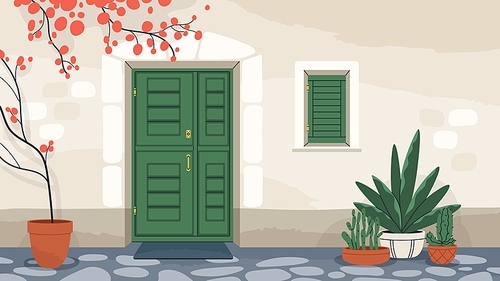 House exterior with front door and window with closed shutters. Home wall with doorway, mat, and potted plants. Dwelling building facade. Colored flat vector illustration of entrance.