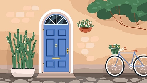 Front wooden door with knocker and mail slot. Home exterior with arch doorway and stone wall with plants and flowers in pots. Dwelling house facade with retro bicycle. Colored flat vector illustration.