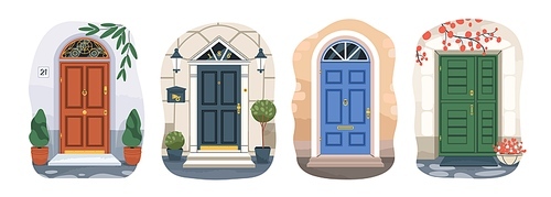 Front doors of residential houses. Home entrances exteriors. Outside of doorways with plants, decoration, mailbox. Different entries from street. Flat vector illustrations isolated on white .