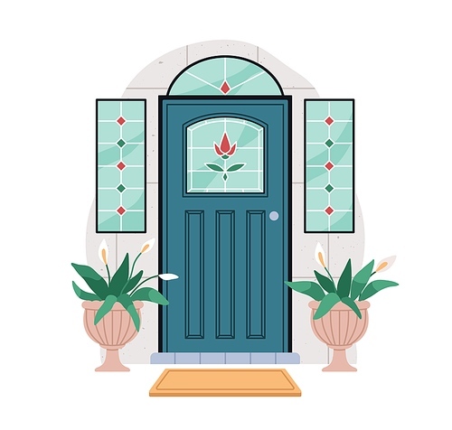 Closed front door of house outside. Home entrance exterior with stained glass, windows, potted plants flowers. Doorway facade from street. Flat vector illustration isolated on white .
