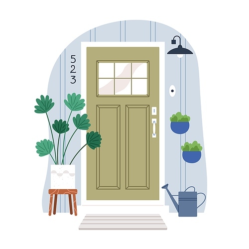 Front house door outside. Closed home entrance exterior with glass, potted plants, lamp. Cosy doorway facade from street. Entry architecture. Flat vector illustration isolated on white .