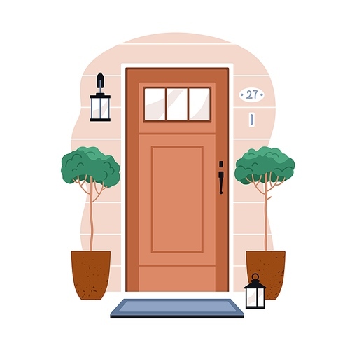 Front view of wood door outside of house. Closed building entrance exterior with glass, potted plants, lamp, number, rug. Doorway, entry facade. Flat vector illustration isolated on white .