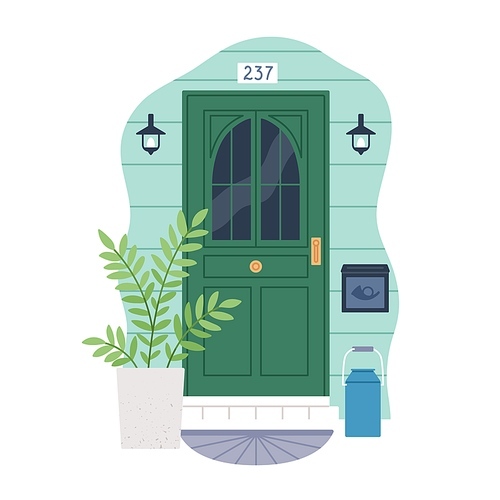 Front door of house. Home entrance exterior, outside. Facade with entry number, doorway with glass, lamps, plants, mailbox, decoration. Colored flat vector illustration isolated on white .
