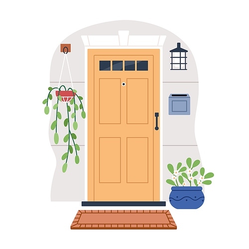 House door, front view from street. Closed home entrance exterior with potted flower plants, lamp, postbox, peehole and entry rug. Doorway facade. Flat vector illustration isolated on white .