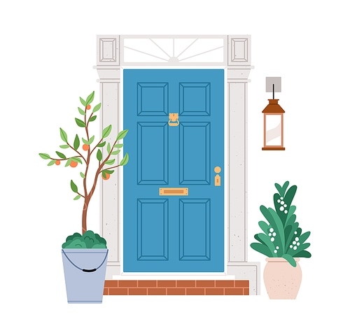 Closed front door design. Home entrance from outside with lantern, plants in planters. House exterior with entry, retro doorknocker, mail slot. Flat vector illustration isolated on white .